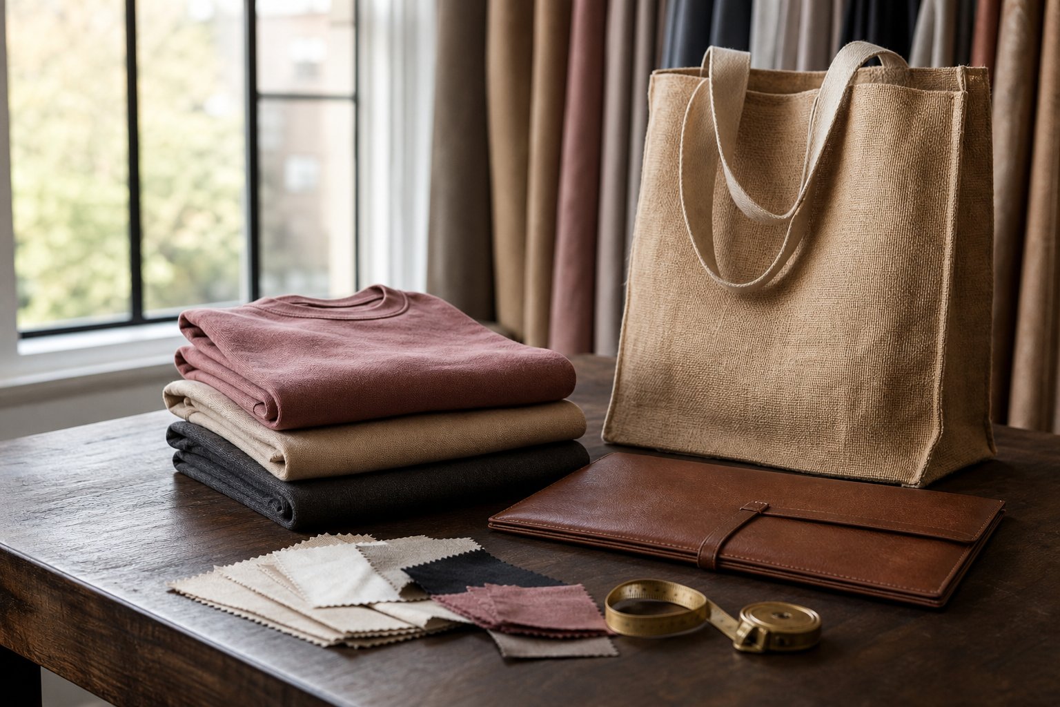 Sample desk with folded apparel, a natural jute tote, and a leather folio