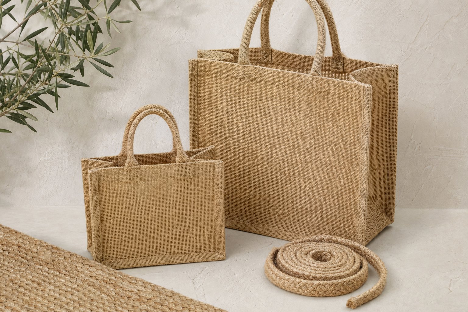 Natural jute totes, a smaller bag, and a coiled jute braid