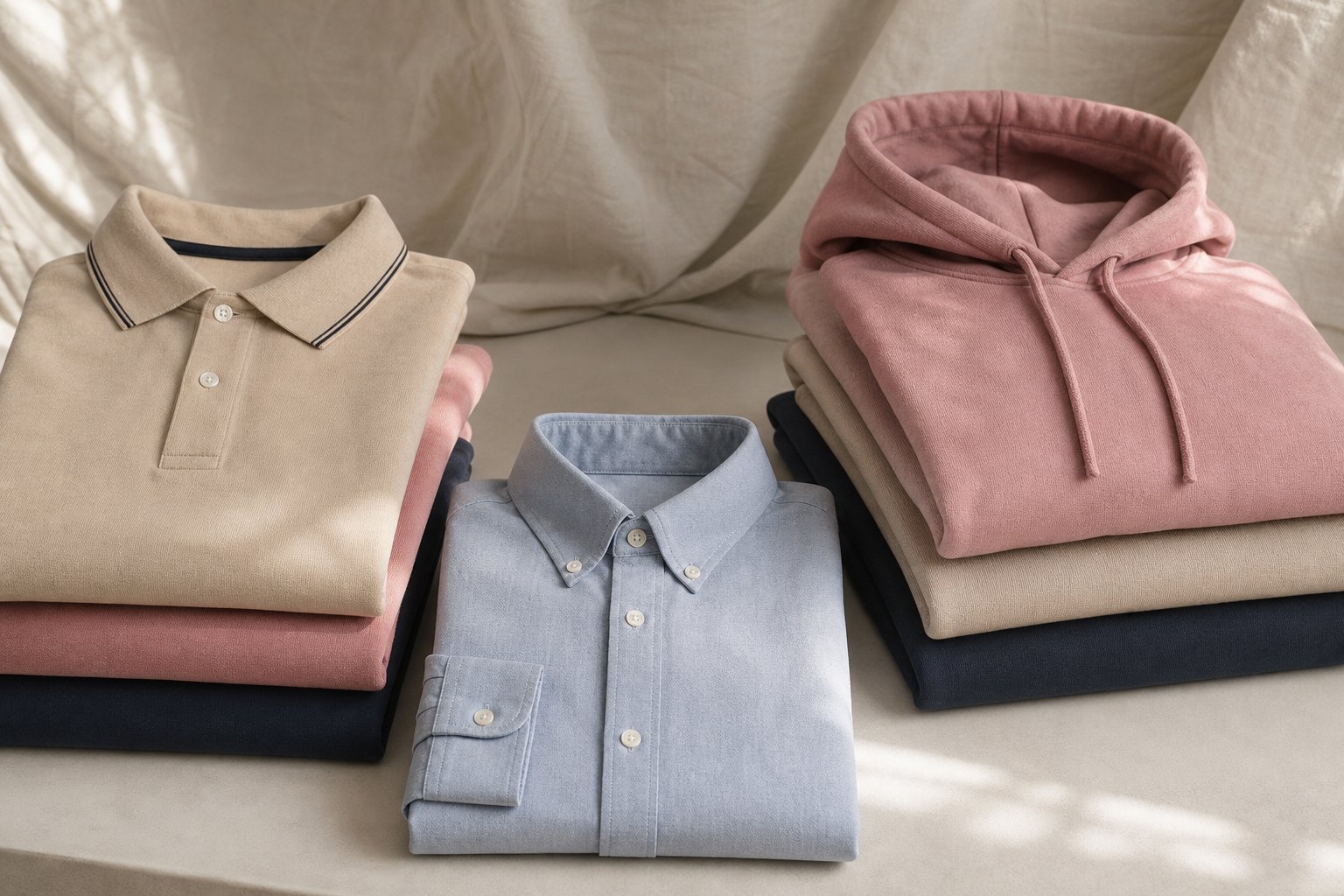 Folded polo shirts, a woven shirt, and hoodies arranged for inspection